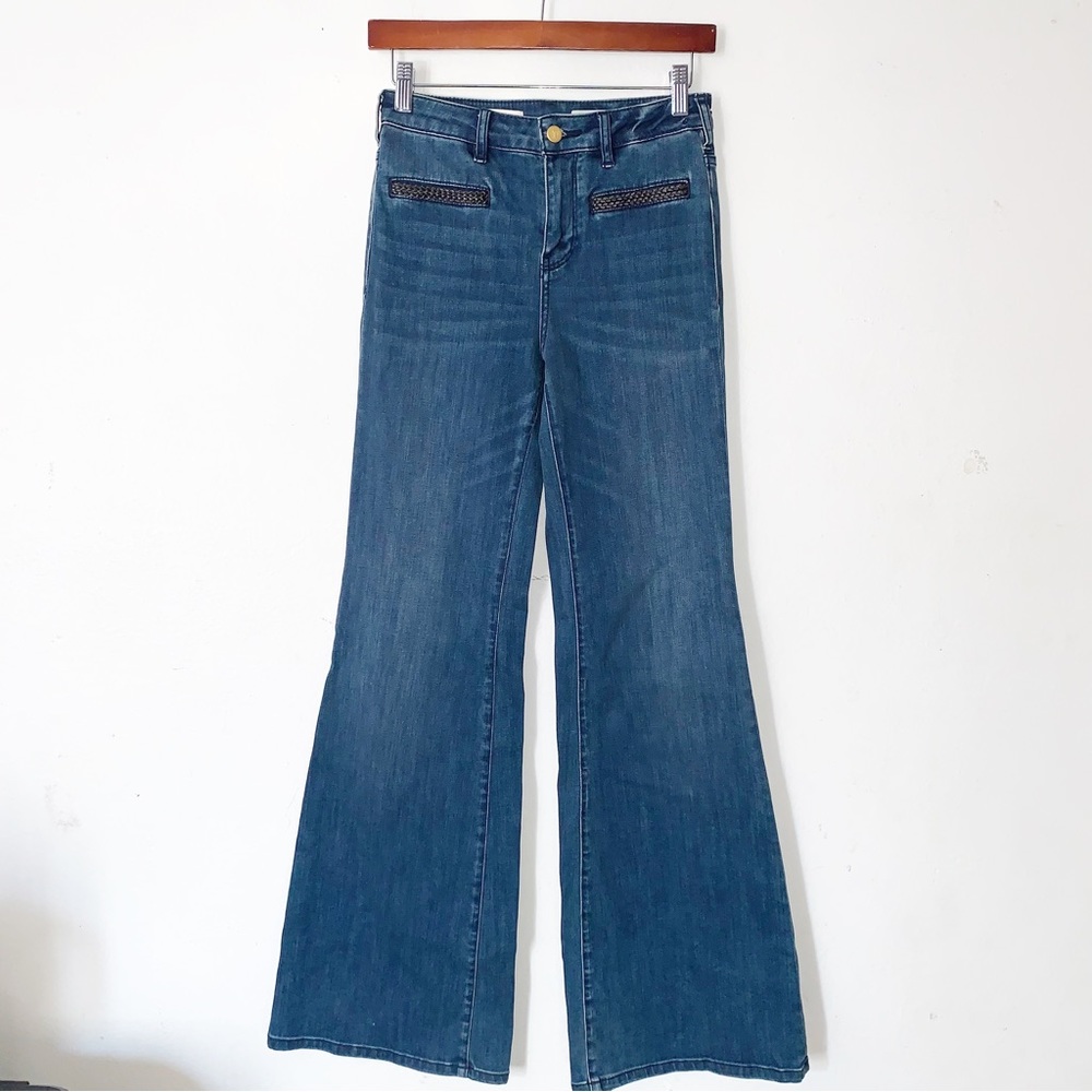 Pilcro Braided Leather Trim High Rise Flare Jeans Womens Size 25 Dark Wash Blue